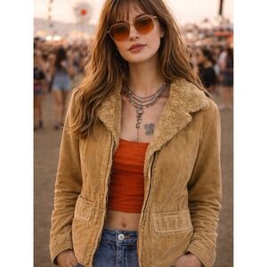 Mudd Womens Corduroy Sherpa Jacket Size M Y2K Removable Collar Moto 2000's